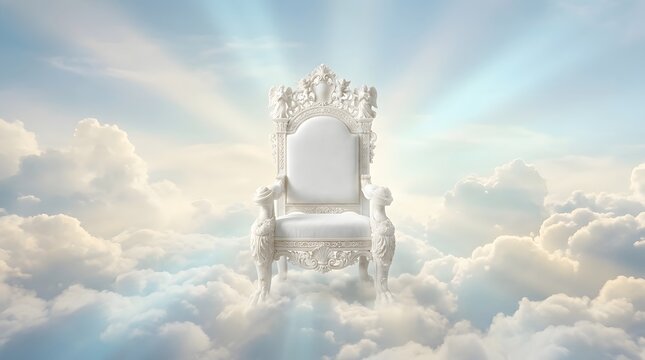 A majestic golden throne sitting high above the clouds with bright divine light shining from behind it