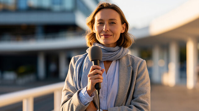 Along a bright modern promenade, a professional television reporter presents a live outdoor update, microphone in hand, confident eye contact, soft daylight, clean architecture, journalism,