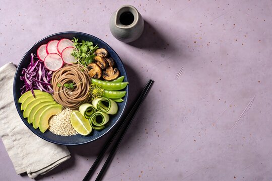 Soba noodle bowl with avocado radish cucumber and mushrooms on lavender concrete backdrop with space for copy