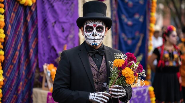 Man in Day of the Dead costume holding colorful flowers at festival
