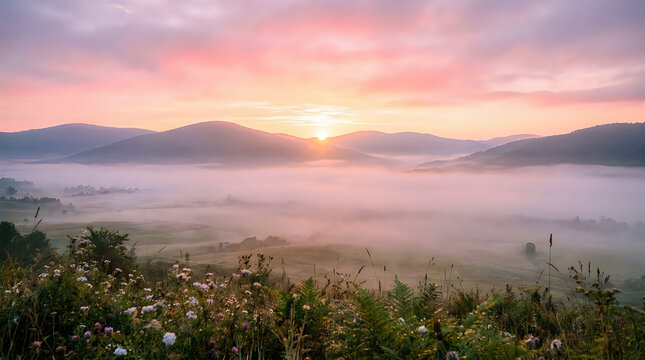 Breathtaking sunrise over a misty mountain valley with soft pink and orange clouds in the morning sky