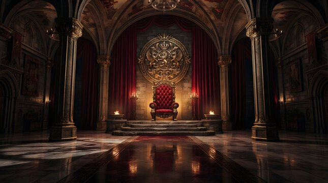 An empty royal throne room with glowing red light and ornate gothic architecture in a dark castle
