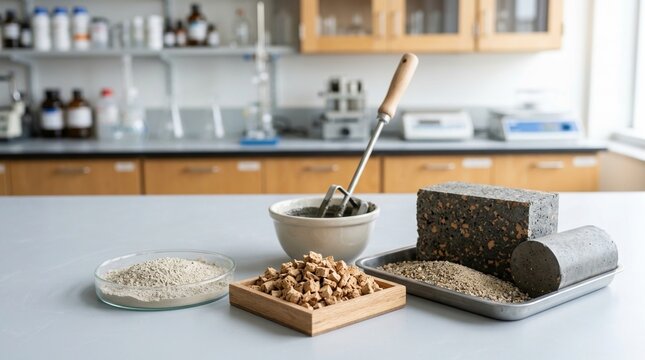 Low-carbon geopolymer construction materials with aluminosilicate binder, cork chips, aggregate tray, mixing paddle, and cured block samples for building research.