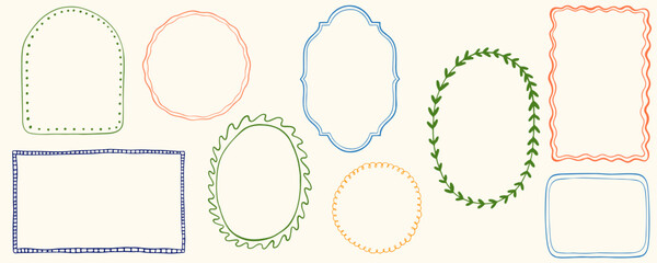 Hand drawn coastal frame set. Vector Vintage ink retro empty banner, inspired frames for greeting cards, wedding, birthday party, picnic invitations Doodle square arch and rectangle shapes kit.  © PawLoveArt