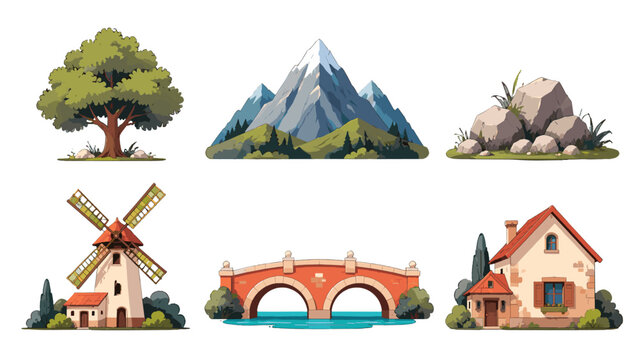 Set of isolated landscape elements with tree, mountain, rocks, bridge and buildings