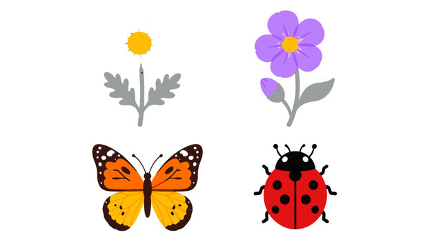Set of simple flower, butterfly, and ladybug vector illustrations