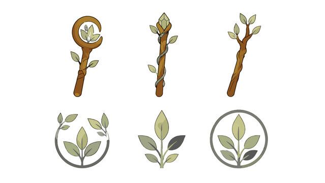 Set of leafy magic wands and plant emblem symbols