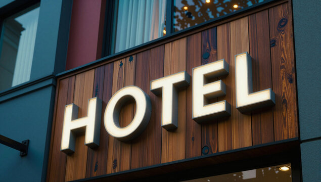 "HOTEL" sign on a modern building facade.