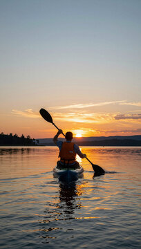 Sunset paddleboarding on calm water.