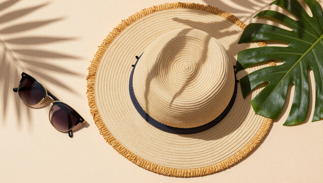 Straw hat, sunglasses, and tropical leaves on sand.