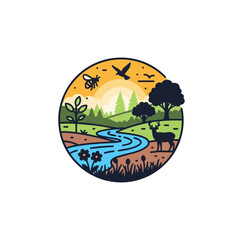 Fototapeta premium Nature landscape ecosystem illustration with wildlife