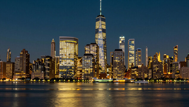 Skyline at night over water, illuminated towers.