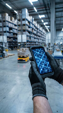Warehouse worker holding rugged smartphone with 5G logistics interface. Automated guided vehicle moving cargo in industrial facility. Digital supply chain management and technology.