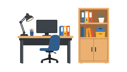 Fototapeta premium Modern office workspace interior with desk chair and bookshelf