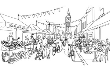 Obraz premium Outdoor Farmers Market Illustration with Shoppers and Cyclists