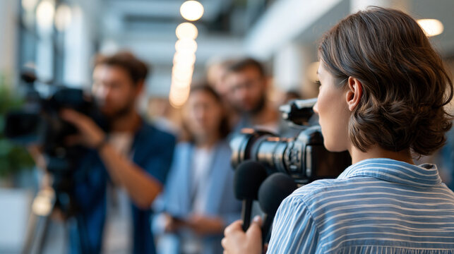 Waiting in a well-lit indoor venue, a group of journalists prepares cameras and microphones for an official arrival, professional atmosphere, clean architecture, journalism, press,