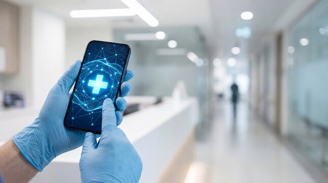 Doctor holding smartphone with 5g medical interface and hologram. Mobile healthcare technology for remote patient data transmission and diagnosis. Digital connectivity in modern hospital.