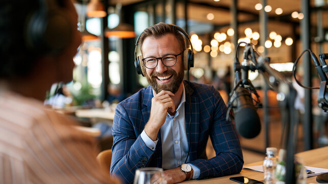 Joining a bright podcast conversation, a professional male guest responds thoughtfully to an interviewer across a studio table, microphones and headphones visible, relaxed modern setting,