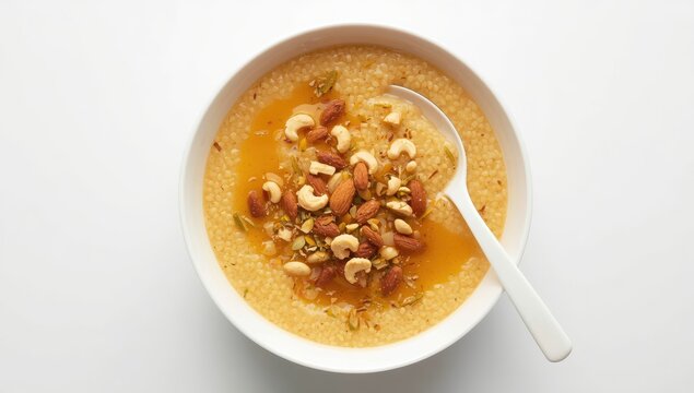 Vermicelli payasam topped with nuts in a white bowl and spoon, elegantly displayed on a white backdrop.