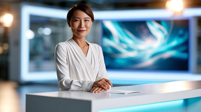Within a sleek television set, an attractive Asian female announcer presents a broadcast beside a luminous abstract display, bright studio lighting, contemporary desk, broadcasting,