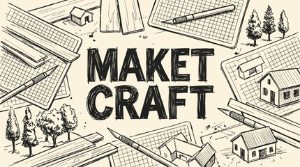 Fototapeta premium Handdrawn artistic sketch with the central text MAKET CRAFT surrounded by architectural tools and models