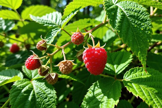 Ripe, unripe red raspberries grow on green bush in summer garden. Wild berry plants with juicy fruits hang on branch. Healthy raw food matures under bright sunlight. Many small drupelets form tasty