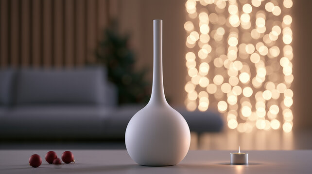 A minimalist white vase with a spherical base and an elongated neck is positioned on a flat, neutral toned tabletop. on the right side of the vase lit votive. Ai generat