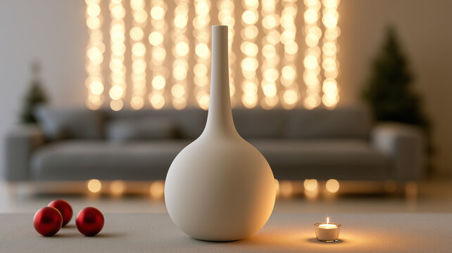 A minimalist white vase with a spherical base and an elongated neck is positioned on a flat, neutral toned tabletop. on the right side of the vase lit votive. Ai generat