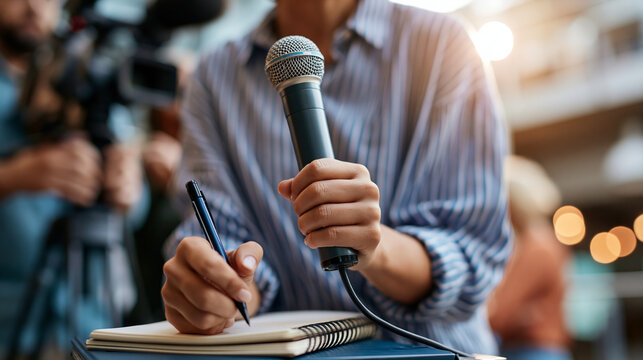 Gathered near a neutral press backdrop, a media journalist writes notes and holds a microphone during a bright news conference, attentive expression, camera equipment softly visible,