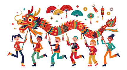 Naklejka premium Chinese Dragon Dance: Children Celebrate Festive Holiday