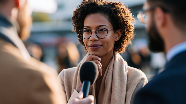 Caught in a friendly street interview, a young woman pauses thoughtfully before answering the reporter, bright daytime setting, microphone between them, natural expression, journalism,