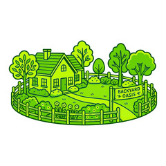 Fototapeta premium Charming Green House with Backyard Oasis and Garden