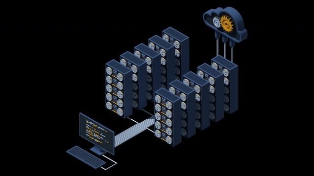 3D isometric monitoring big data storage animation. Data transmission technology. Online hosting technology concept. Isometric technology. Transparent background with alpha channel