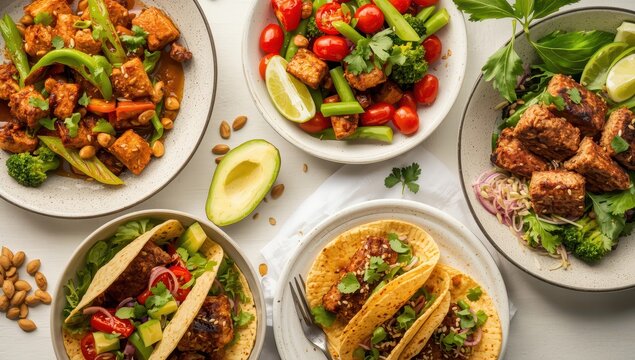 Soy meat meals on a bright surface. Nutritious cuisine. Plant-based diet. Overhead perspective.