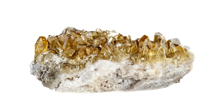 Natural tabular barite mineral specimen with golden honey crystals. Professional educational template for science textbook, geology research and museum exhibition