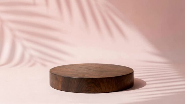 Minimalist wooden round platform with palm leaf shadows on soft pink background for product display