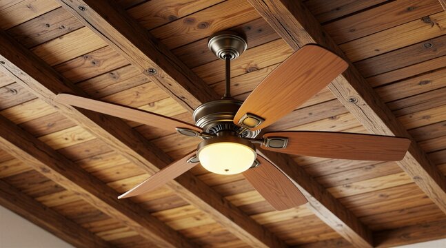 Electric ceiling fan with five wooden blades, central glowing light fixture installed on rustic timber plank surface with exposed beams. Vintage house interior device provides air circulation, warm