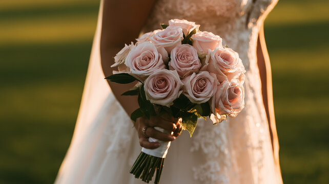 A side view medium shows a bride's hand holding a bouquet of pale pink roses. the bride wears a white wedding dress decorated with lace. Ai generat
