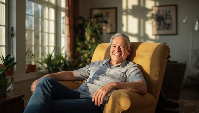 Cheerful middle-aged man in an armchair at home, smiling at the camera in a bright living room.