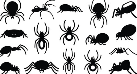 Obraz premium Spider silhouette collection, black arachnid icons set on white background, 15 insect vector elements for Halloween and nature design
