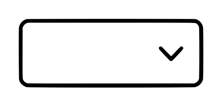 Hand-drawn dropdown menu vector icon, a minimalist rectangular button with rounded corners featuring a small chevron arrow indicating selection list, monochrome outline illustration for user interface