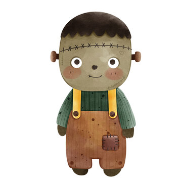 Cute Frankenstein Monster Boy Portrait Watercolor Halloween Clipart