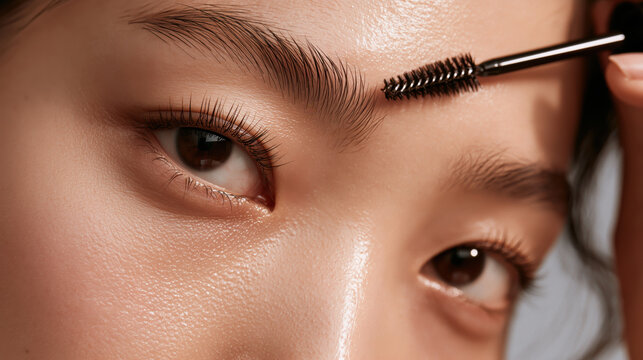 Eyebrow Grooming: A close-up shot focuses on a person's eye and expertly groomed eyebrow being shaped with a mascara wand, highlighting precision and beauty.