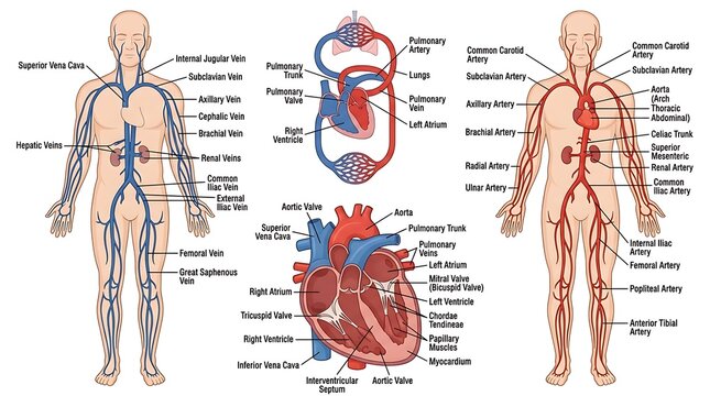 Human circulatory system anatomy diagram with detailed heart and blood vessels