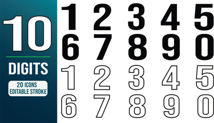 Modern editable outline and solid digit icons collection featuring numbers zero to nine, clean typography symbols for graphic design projects © ProbinChandra
