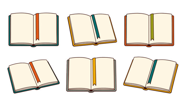 Set of open blank notebooks with ribbon bookmarks
