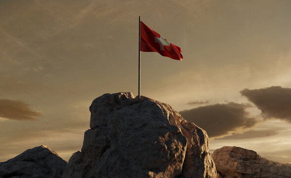 3D Rendering of a waving Swiss flag on rocky landscape to celebrate the national holiday of 1 august