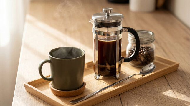 French press and coffee cup on wooden tray. Sustainable morning coffee routine for zero waste lifestyle. Eco friendly glass coffee maker, reusable jar and hot drink for home breakfast.