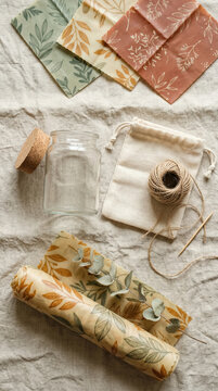 Beeswax wrap, glass jar and cotton bag on linen cloth. Zero waste lifestyle set for plastic free food storage. Eco friendly kitchen supplies for sustainable living and environment.
