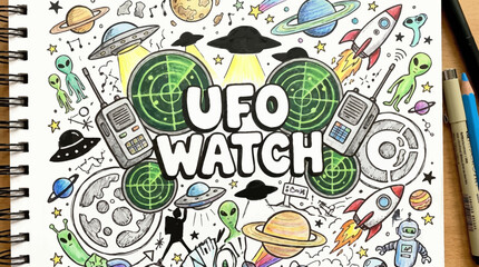 Handdrawn doodle art featuring UFO WATCH text surrounded by spacethemed illustrations © Fauzan Adzima